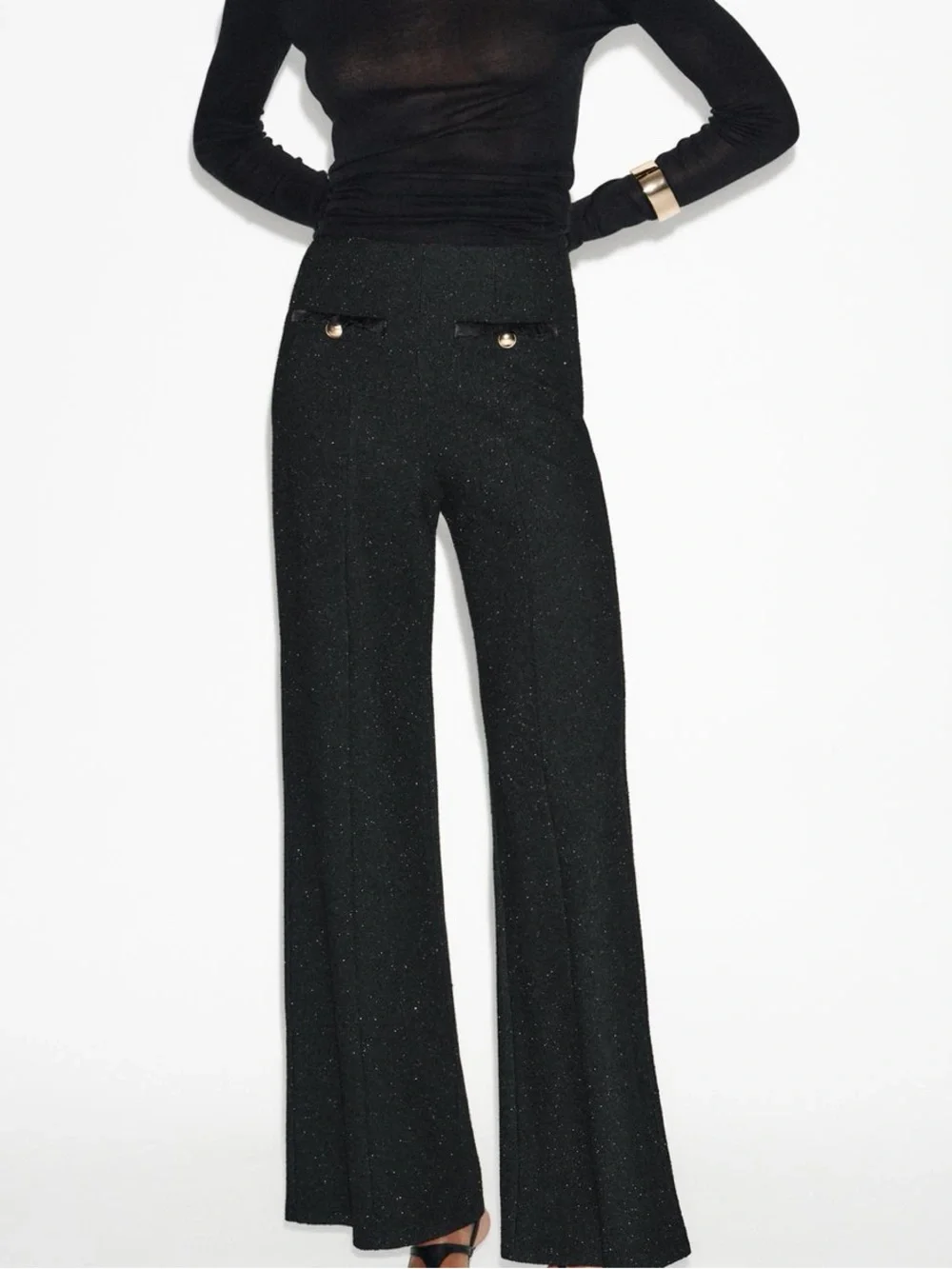 Zara NWT Black gold metallic thread Wide-Leg gold button Pants